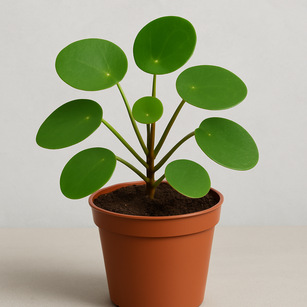pilea peperomioides растение с кръгли листа в бяла саксия