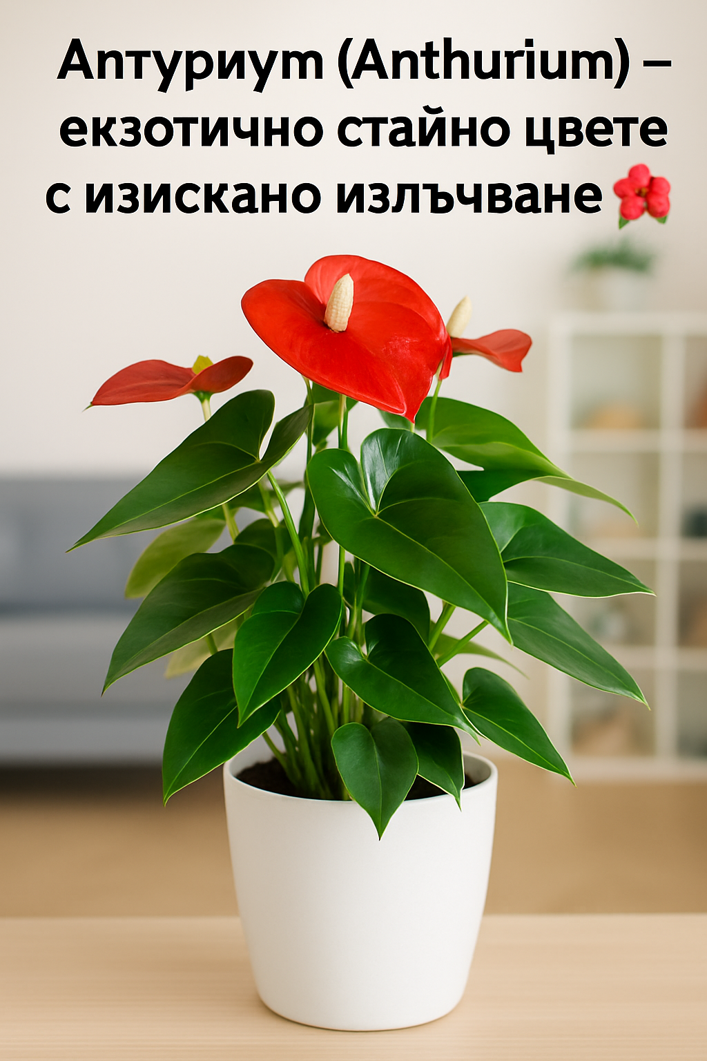 Антуриум с червен прицветник и лъскави листа в интериор